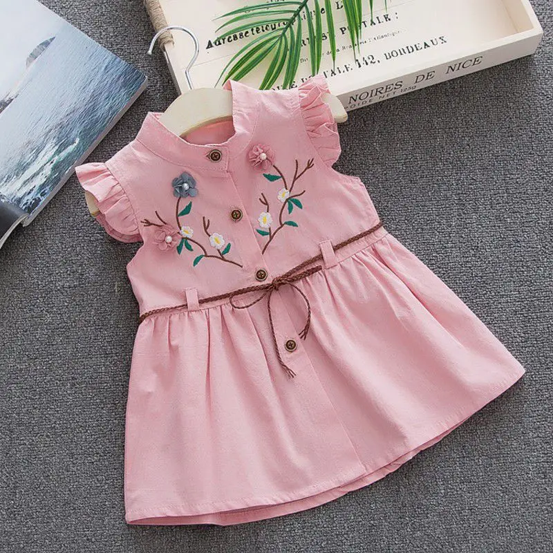 

Children Dresses Summer Sleeveless Girls Cute Sweet Cotton Vest Flower Peach Embroidered Flower Design Princess Dress