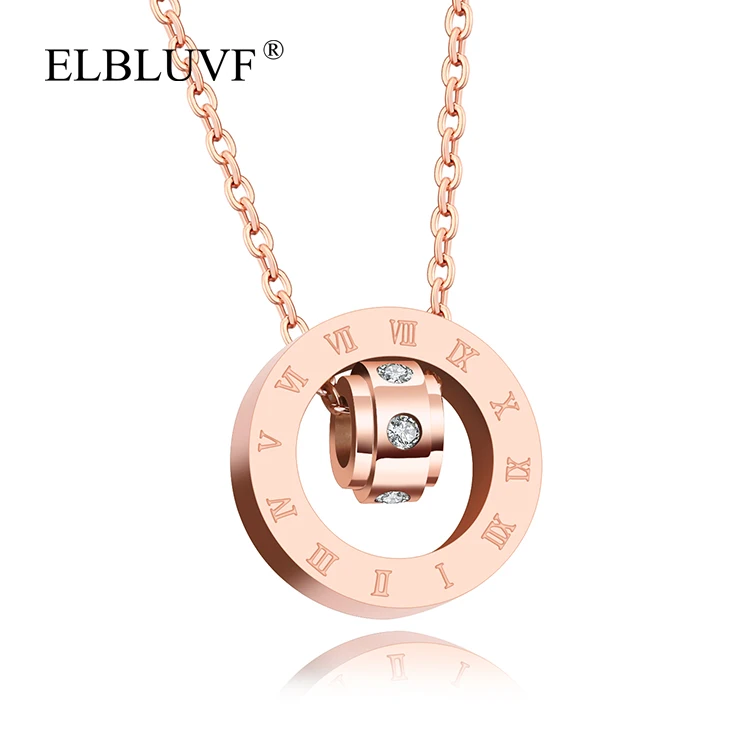 

ELBLUVF Free Shipping Stainless Steel Fashion Jewelry Zircon Pendant Circle Roman Numeral Necklace, Rose gold