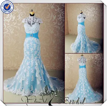 wedding dress with blue accents