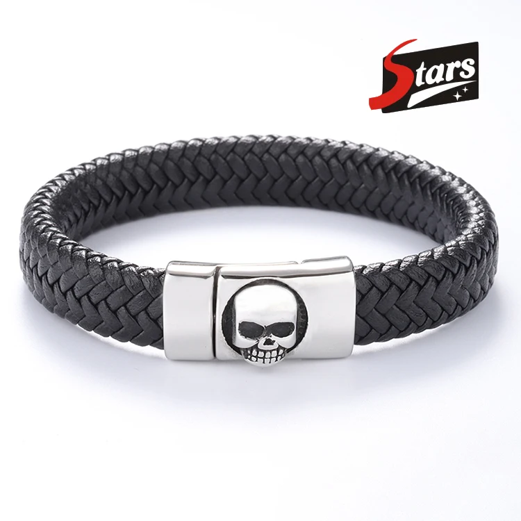 

Wholesale Stainless Steel Bangle Engraved Skull Magnetic Clasp Black Leather Men Jewelry Bracelet