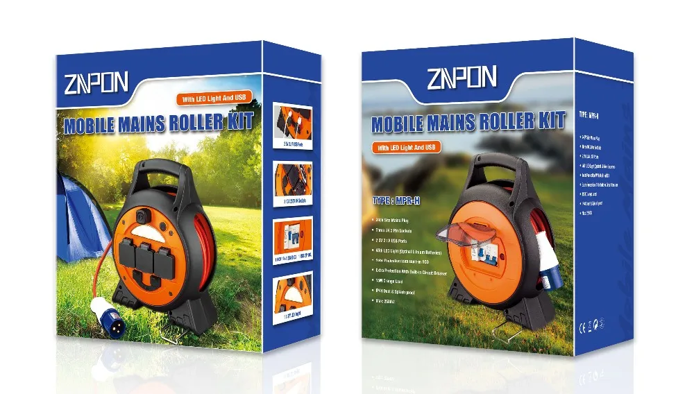 Camping Caravan Electric 3 Way Uk Mobile Mains Roller Kit With Led