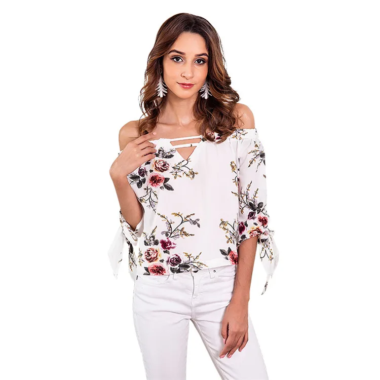 

Factory Design Summer Autumn One Shoulder Half Sleeve Sexy Women Chiffon Floral Printed Blouse With Sashes, As photo shown or customized