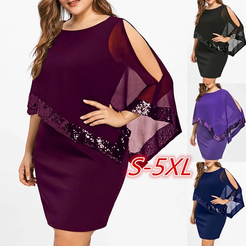 

Plus size S-5XL irregular dress Sequins Splice cloak dress Slim female elegant Bag hip dress