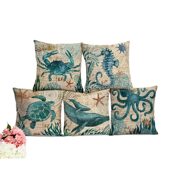 Sea Turtle Printed Cotton Linen Cushion Cover Marine Ocean Sea