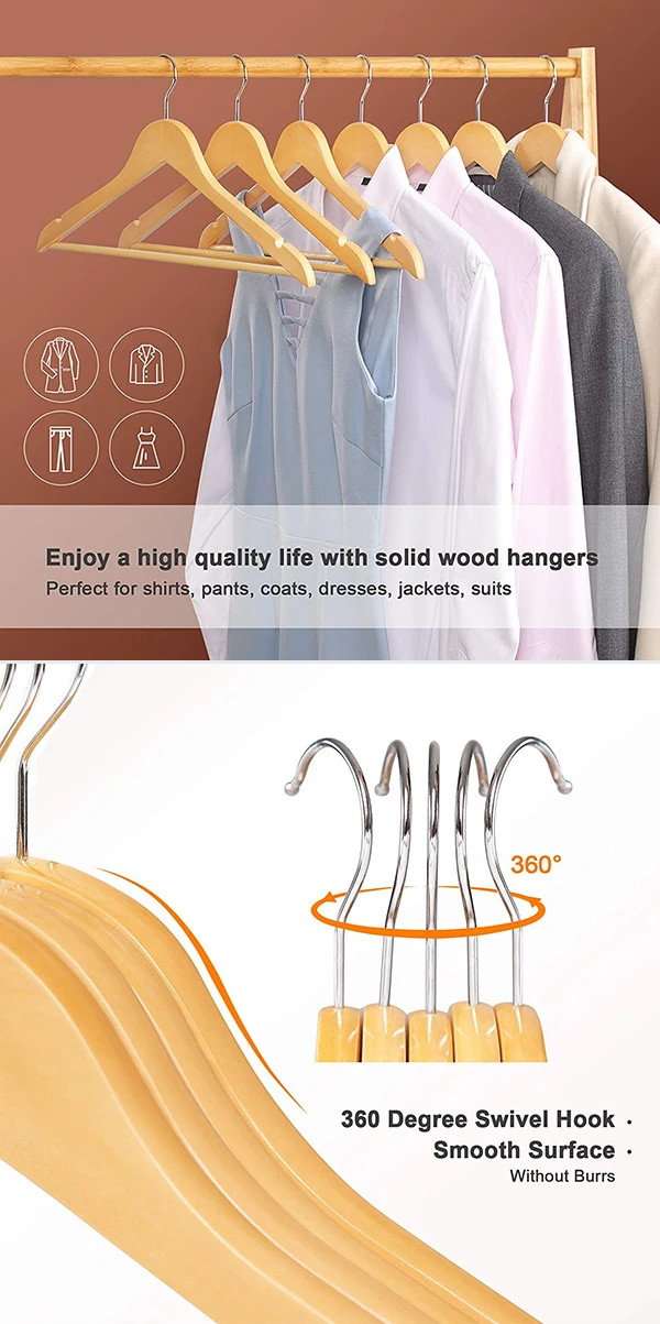 Hot Sale Closet Swivel Hook Cut Notches Shirt Hangers Wooden Suit