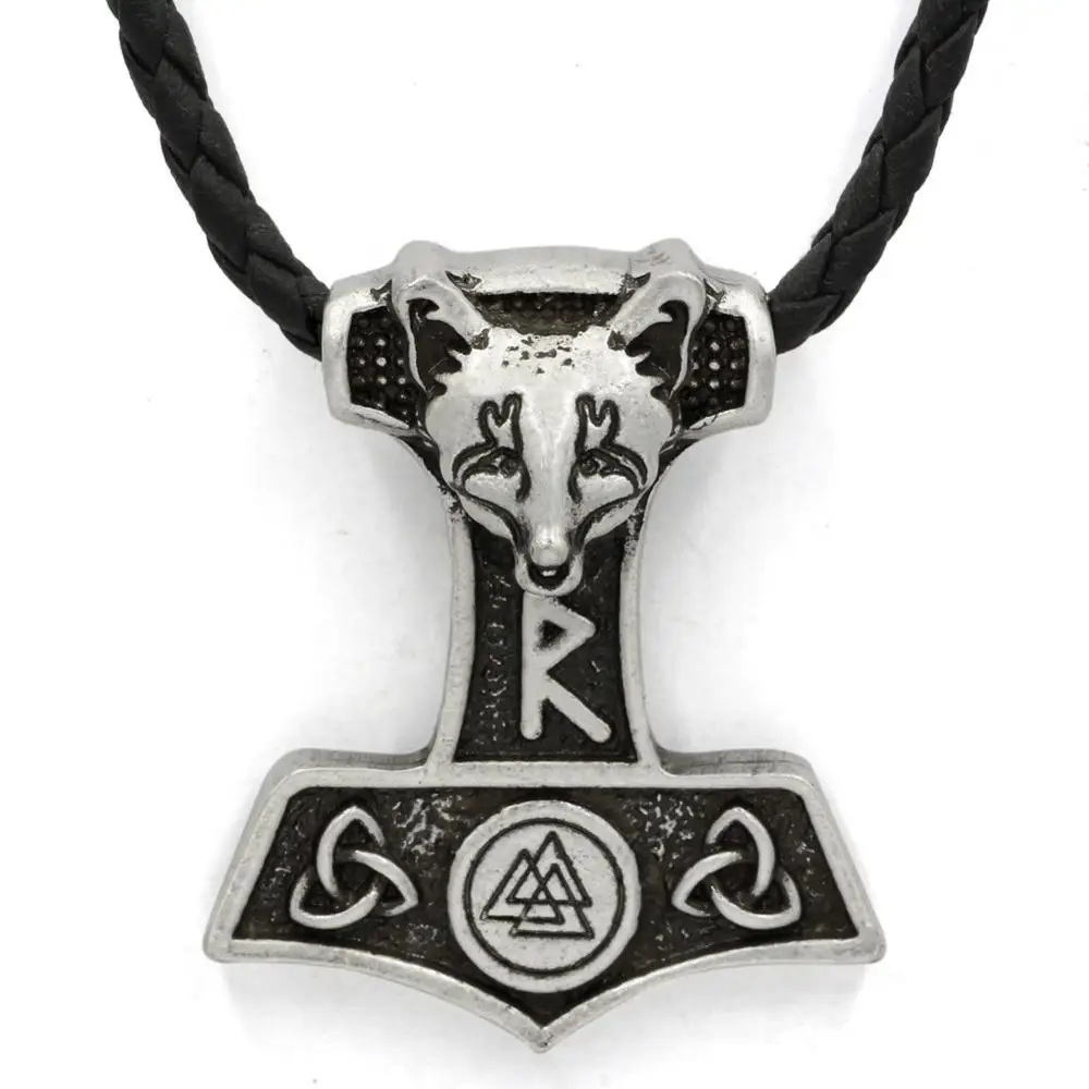 

Wholesale Vikings Amulet Pendant Odin Fox Thor Mjolnir Hammer Animal Necklace Nordic, Antique silver