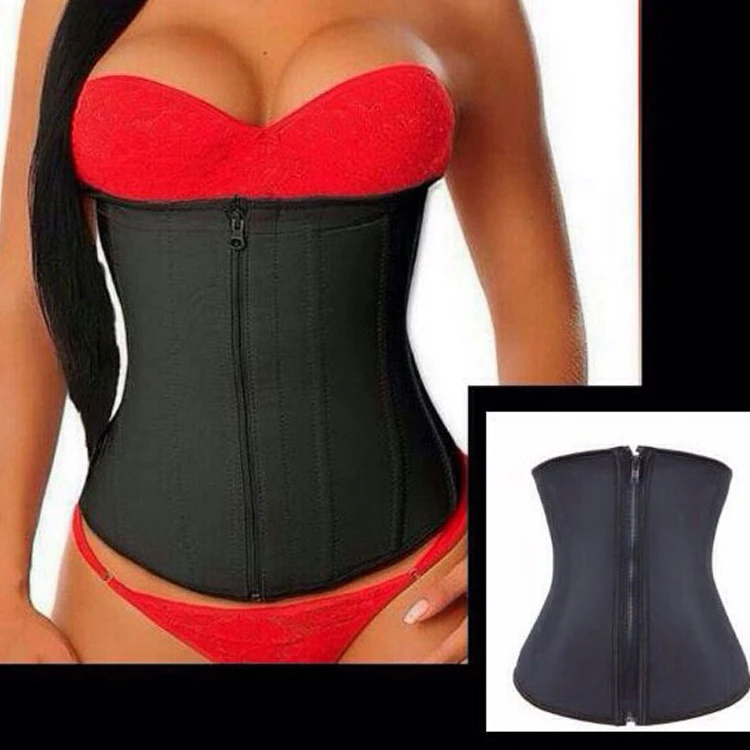 

Steel Boned Zipper Front Black Latex Corset Waist Trainers On Sale