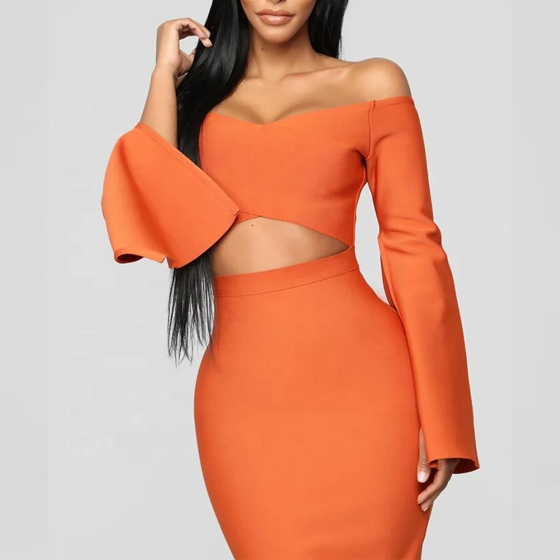 

Ladie's Sexy Women Elegant Bandage Dress Cut Out Long Sleeves Off shoulder Dresses Women Party, Rust/customized