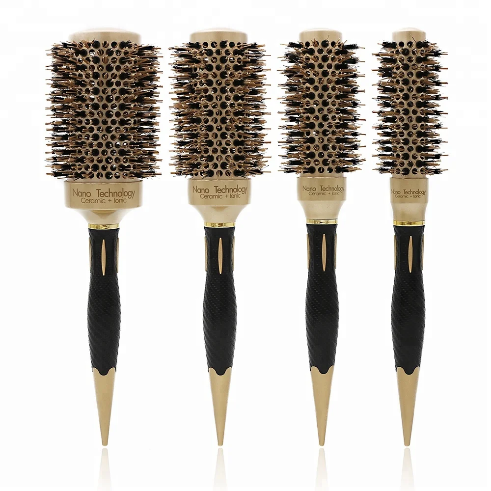 

PP Grip Nano Technology Heat Resistant Hairbrush Fast Styling Ceramic Ionic Round Hair Brush With Boar Bristle For Salon, Gold