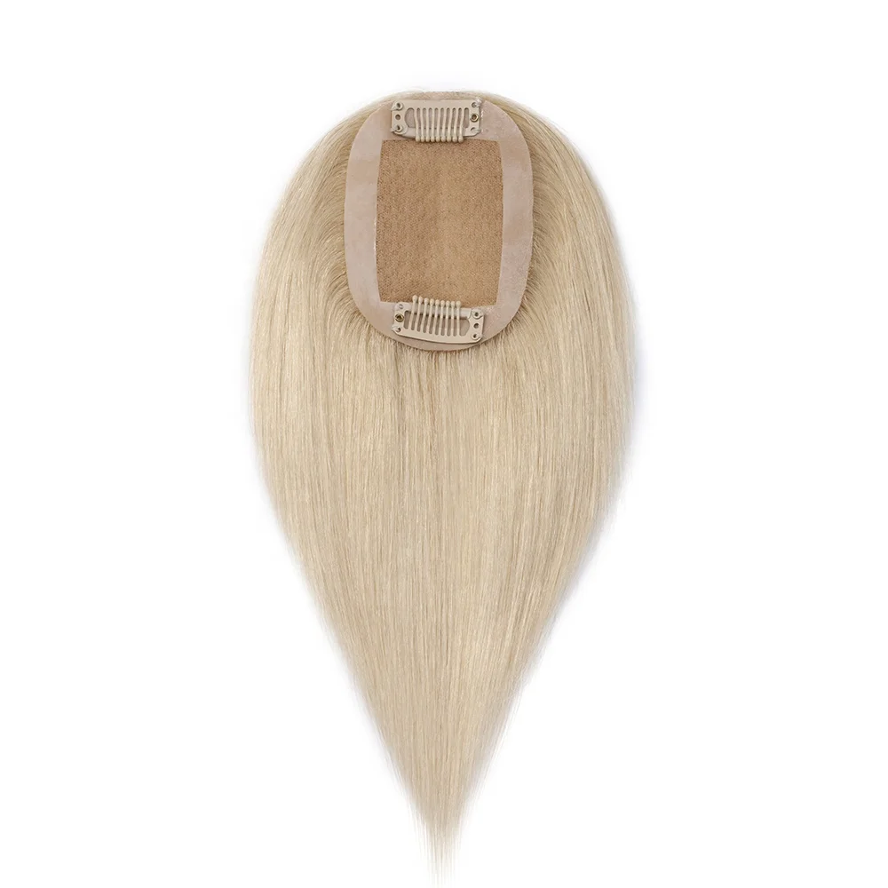 

Blonde Women Toupee silk base Piece Straight Hairpiece Clip in 100% Human Hair Topper for thinning hair, #60 platinum blonde