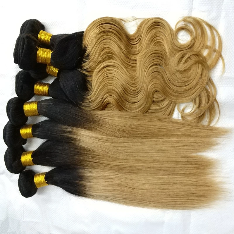 

Letsfly wholesale 10pcs Straight Body Wave Ombre 1b/27 Dark Roots gold blonde Hair Bundles 100% Human Hair weaves