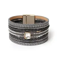 

Fashion PU Leather crystal cuff magnetic clasp woven crystal Boho charm multi bracelet for women