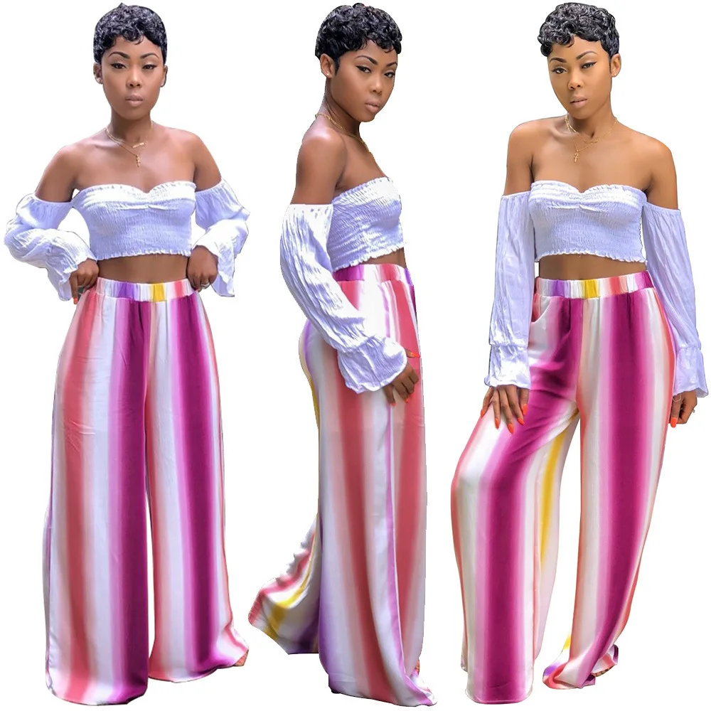 

4 colors women's striped strapless crop top and maxi skirt two pieces set, Shown