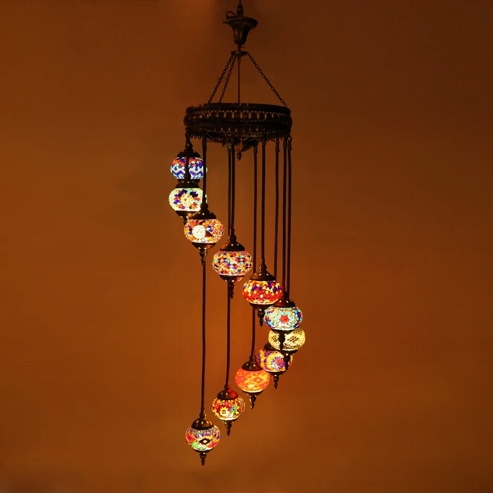 Evershining Lighting Brand Amazing set of 11 Glasses Roof Ceiling Hanging Designs Handcraft Turkish Mosaic Glass Lamp YMA41311