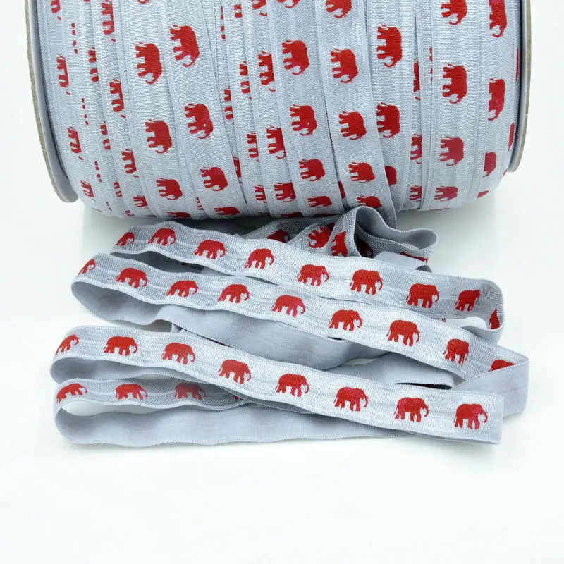 

100 yards/lot Alabama Crimson Elephant Fold Over Elastic 5/8" Grey FOE Ribbon Wholesale for DIY Headwear Hair Accessories, Red grey elephant