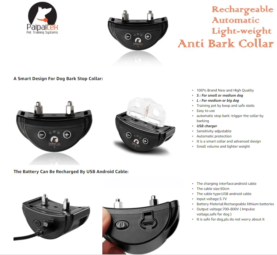 Paipaitek PD-258L Rechargeable 5 Level Adjustable Shock Static Dog Bark SCollar No Barking Collar Dog Training Collar System