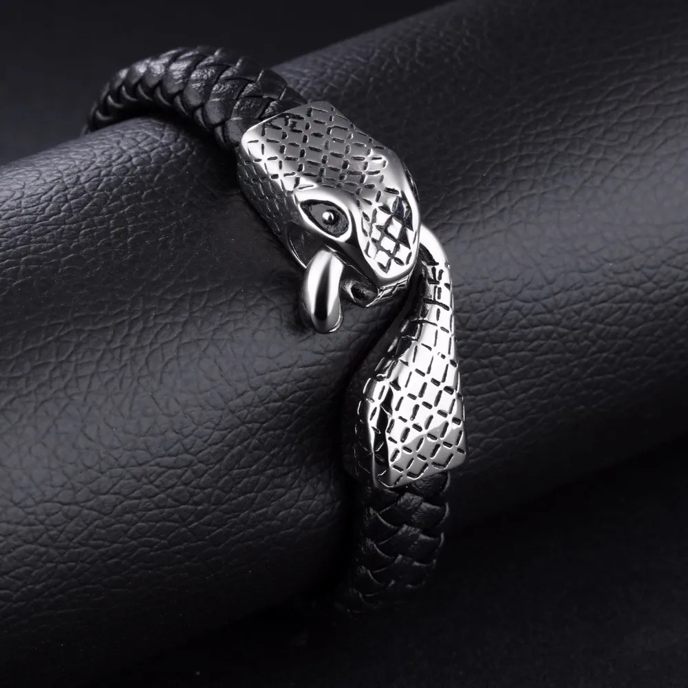Fashion Stainless Steel Braided Snake Leather Bracelet Clasp Men