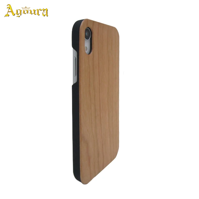

For iPhone XR natural cherry wood cell phone case with PC bottom straight edge cover case