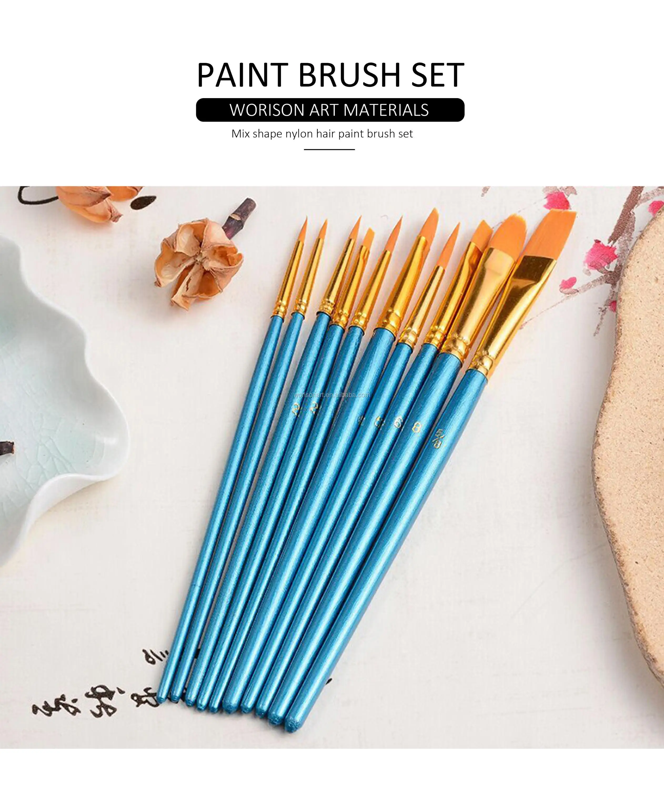 10pcs/set Watercolor Gouache Paint Brushes Different Shape Round Pointed Tip Nylon Hair Painting