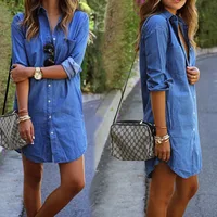 

New Fashion Long Sleeve Long Tops Women Denim Jeans Casual Shirt