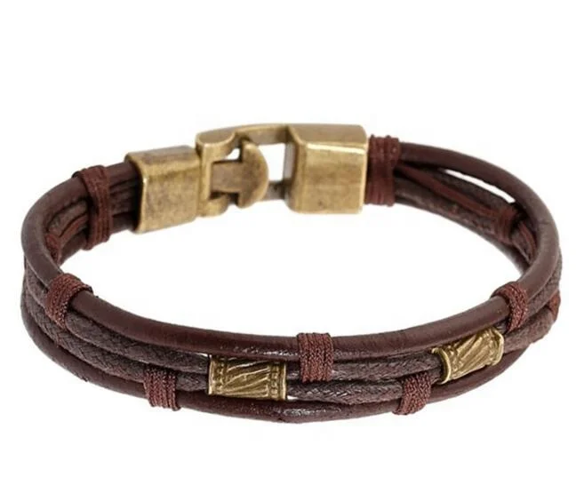 Wholesale braided metal double bracelet designer custom Mens Vintage Genuine Leather Wrist Band Brown Rope Bracelet Bangle