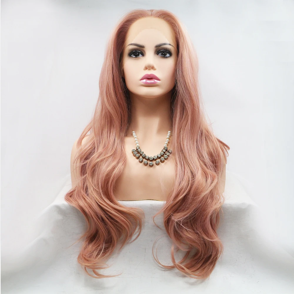 

Fantasy Synthetic Lace Front Wigs Rose Gold Beauty Long Wavy Peach Pink High Temperature Fiber Lace Front Wigs For Women, As picture