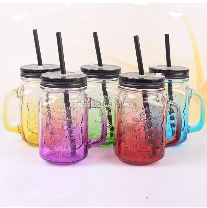 Gradient Color Glass Mason Jar Cup With Handle Cold Pressed Juice Cup With Straw Buy Drinking Glass Mason Jar Cup With Handle Glass Mason Cup For Cold Pressed Juice Glass Mason Jar With Handle