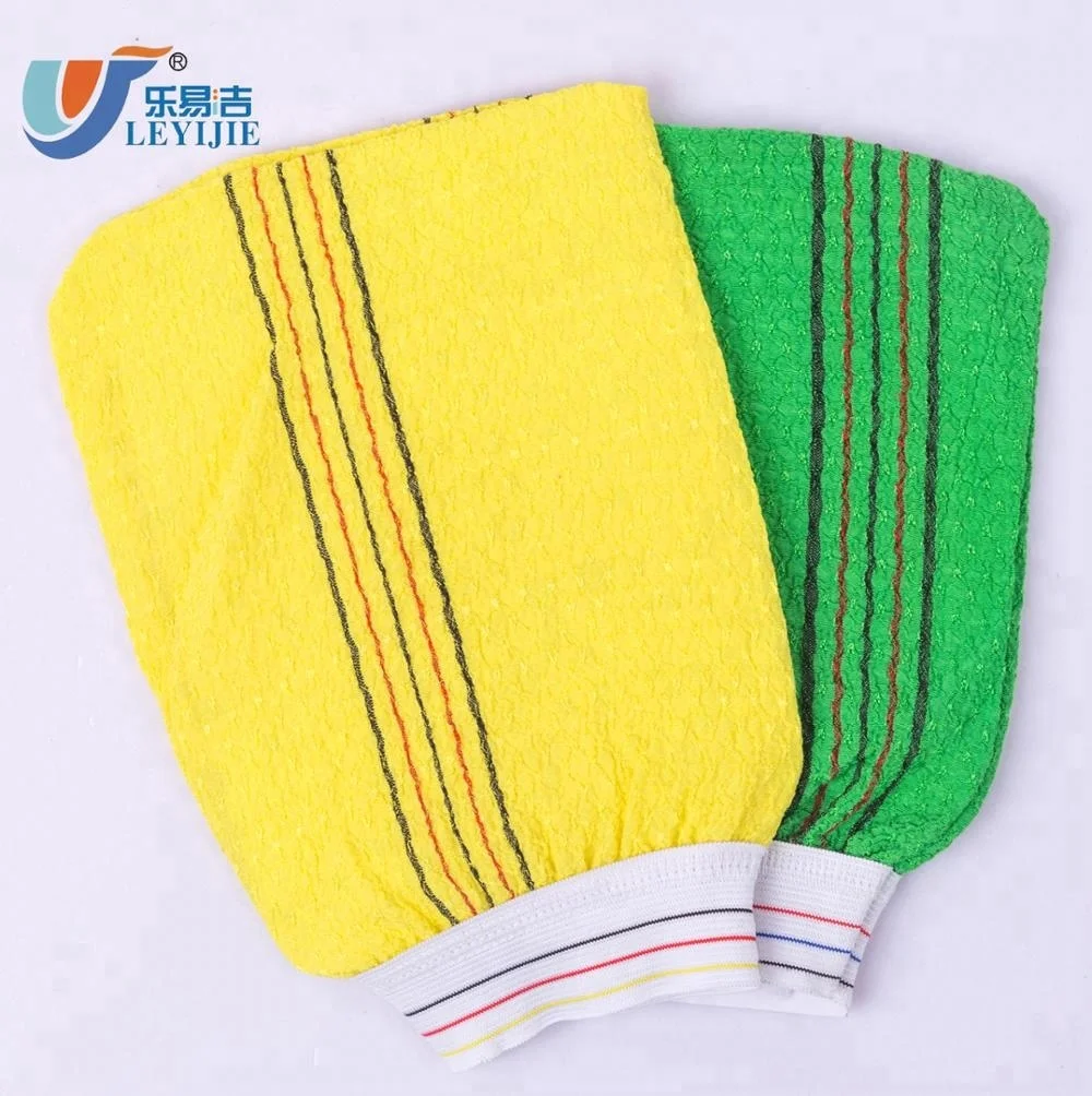 

OEM promotional 100% Polyester Viscose Bath Exfoliating Scrubber Mitt Hammam Gloves, Dark red and green