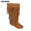 SEAVO stylish suede pu upper and tassels design tawny flat casual half boots for ladies
