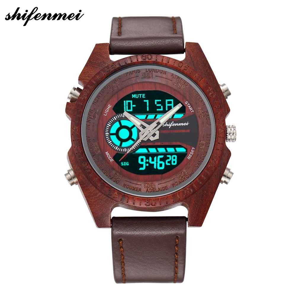 

Shifenmei S2039L 2019 high quality wooden case pu leather strap sandalwood watch, N/a