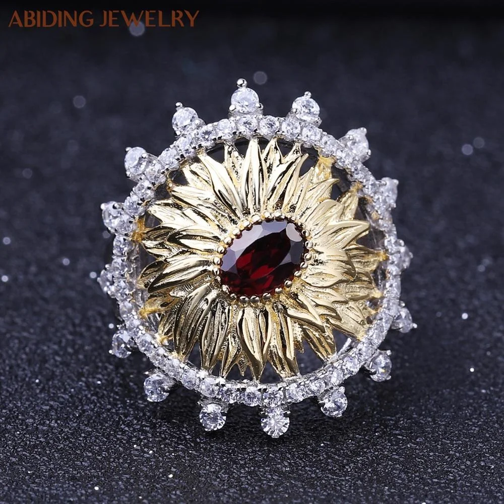 

Abiding 925 Sterling Silver Fashion Female Handmade Ring Natural Rhodolite Garnet Sunflower Rings for Women