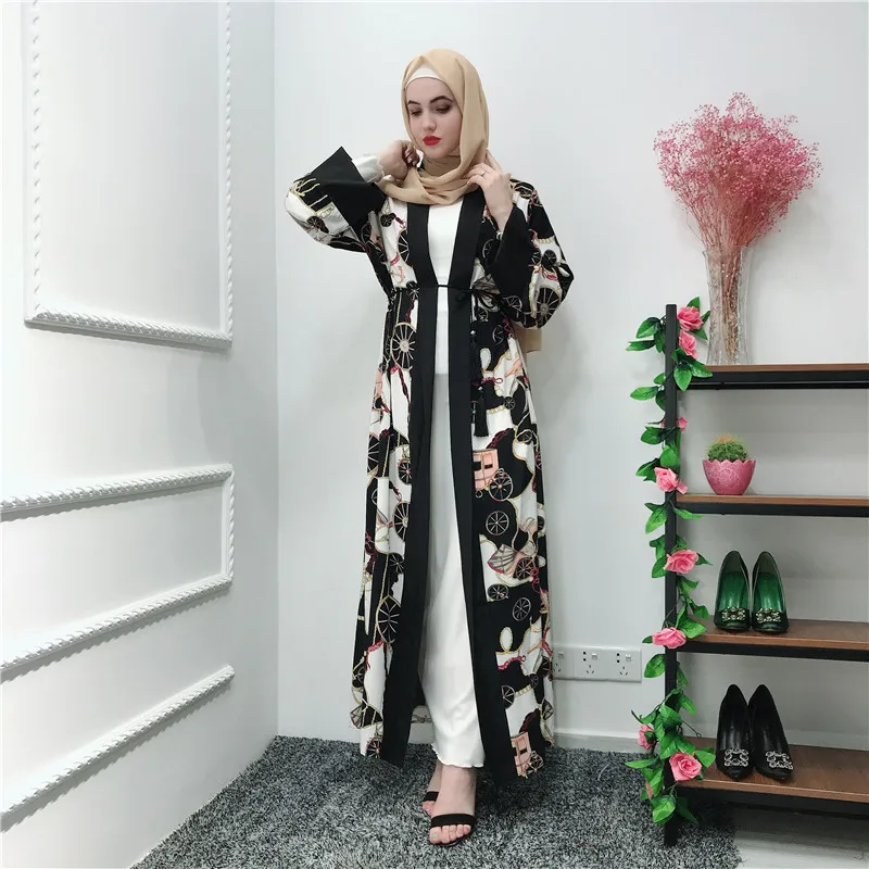 

New arrival fashion kimono floral printing muslim cardigan dubai abaya dress, Black