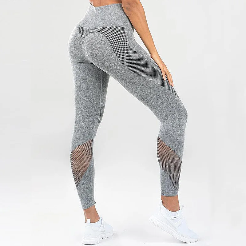 

2021 Sexy Women Solid Color Knit Casual Mesh Stitching Fitness Leggings Polyester High Waist Slimming Sexy Pants Trousers, Picture