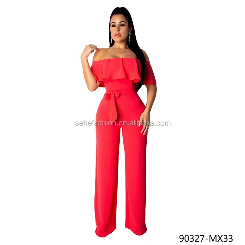 90327-MX33 Off The Shoulder Ruffles Jumpsuits Women With Long Pants