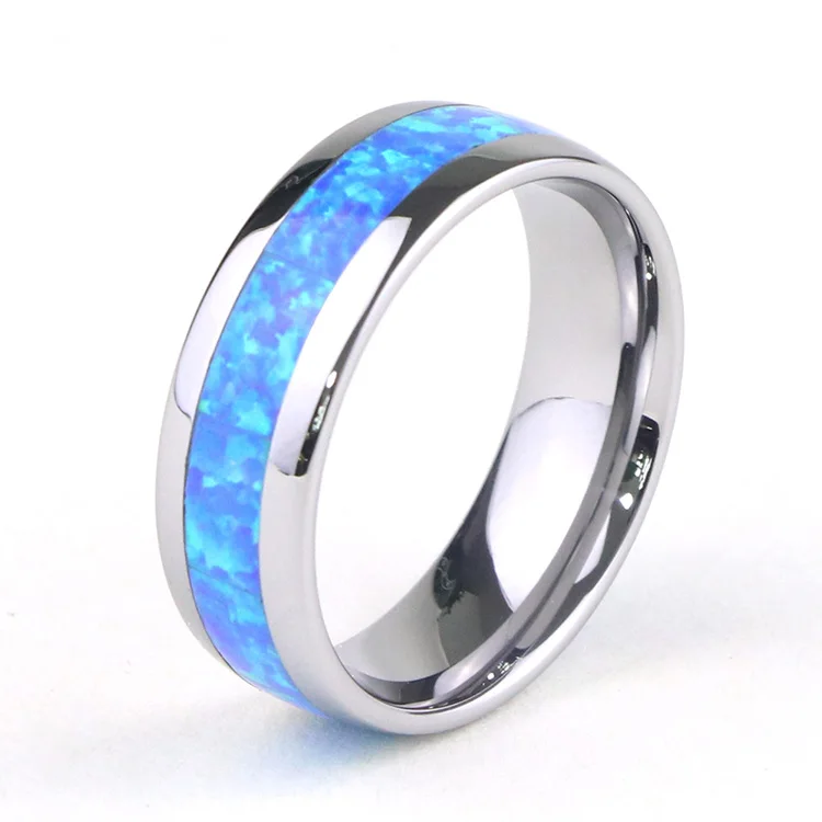 

High Polished 8mm Mens Wedding Bands Tungsten Carbide Blue Opal Ring, Silver + blue