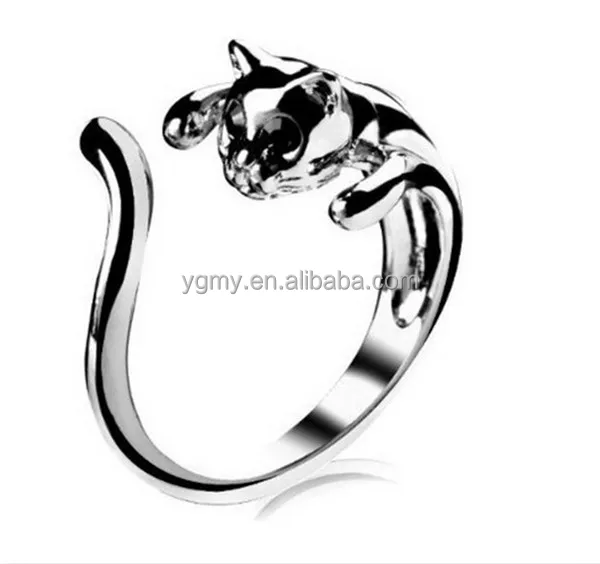 

Cat Shaped Open Ring With Black crystal