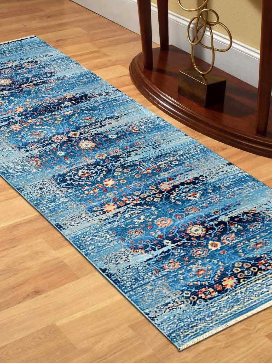 Crossweave Machine Made Polyester 2'6" x9'10 Turkish Runner Rug Blue
