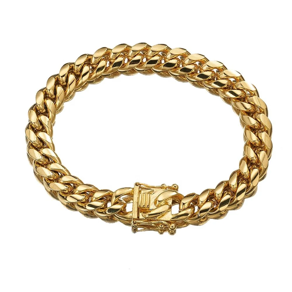 

Mens Miami Cuban Link Chain 18K Gold 15mm Stainless Steel Curb Bracelet with cz Chain Choker