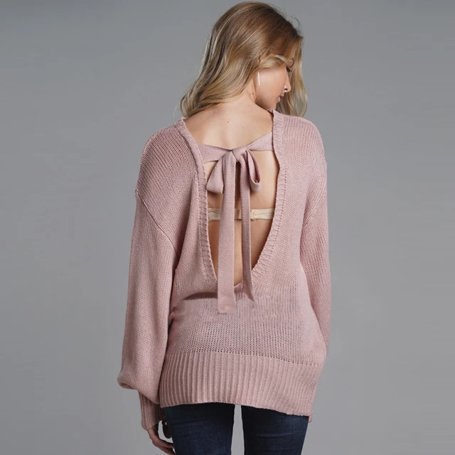 

fashionable solid color Sweater Wholesale Women Backless Belt Tie Knit Pullover jumper