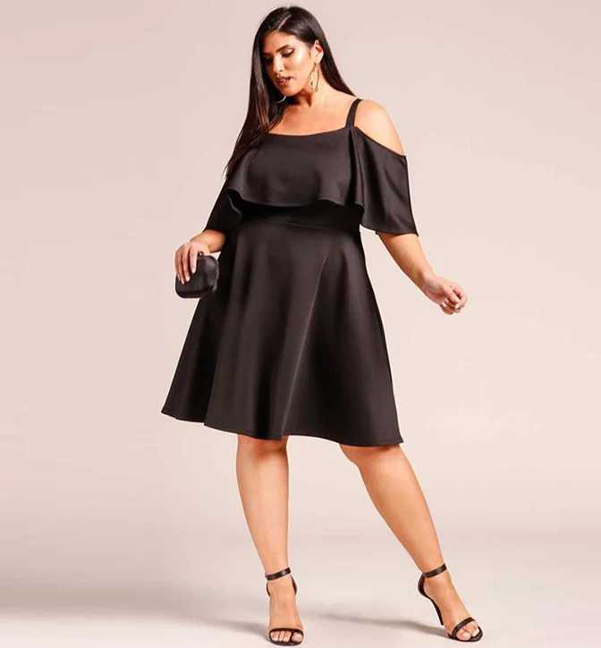 

Latest Design Ruffle Sleeve Cold Shoulder Black Short Prom Dresses For Fat Women, N/a