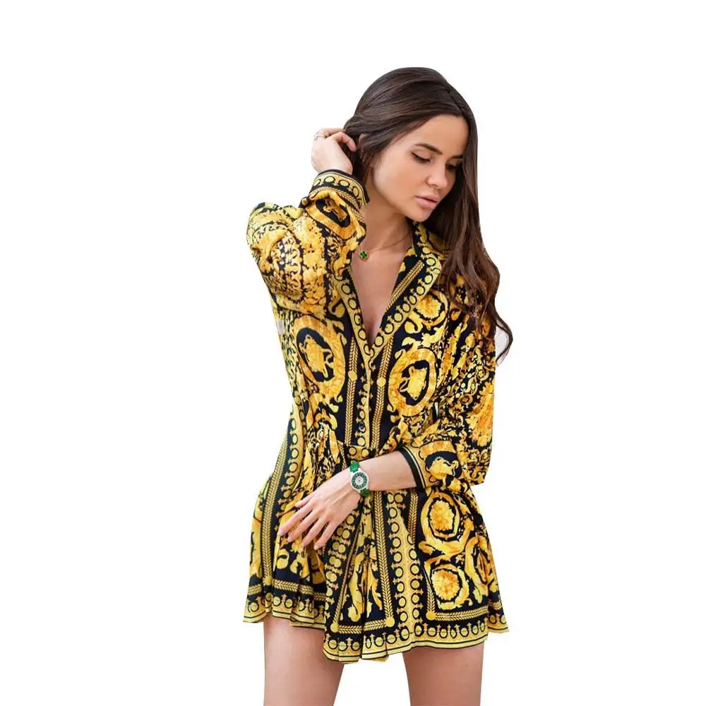 

black and gold long sleeve women print shirt blouse and top