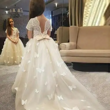 

ZH2261Q 2019 A-Line Round Neck Flower Girl Dress Sweep Train With Butterfly Cape Sleeve First Communion kids Pageant Gown, Customer made