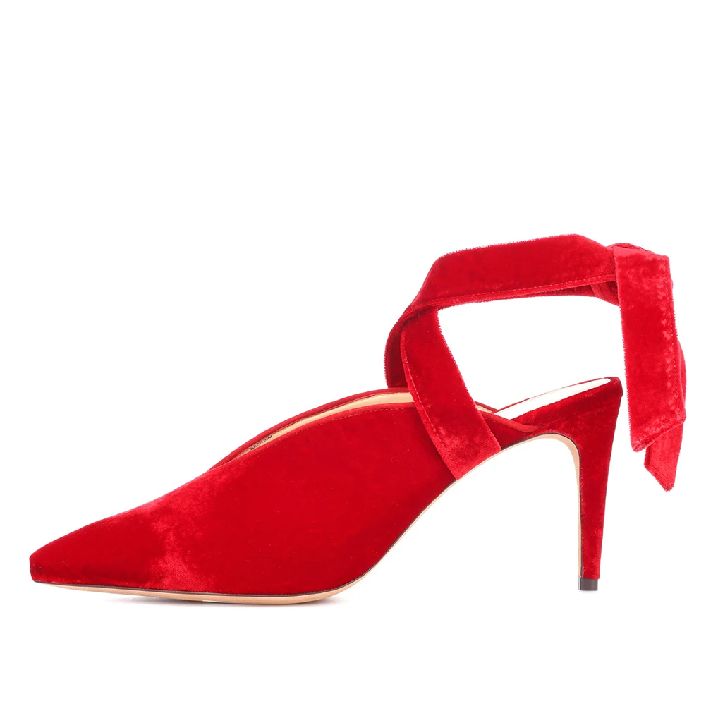 Pointy High Heel Red Velvet Pumps Women Stylish Ankle Wrapped Slingbacks Black Heeled Shoes
