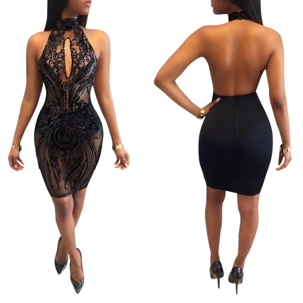 

Women Nightclub Halter Backless Mesh Lace Transparent Bodycon Sexy Sequin Mini Sheath Slim Sleeveless Hip Package Dresses A213