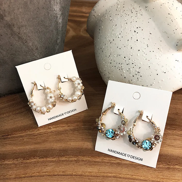 

Pearl Earrings Handmade Korean Design Flower Rhinestone Crystal Hoop Earring
