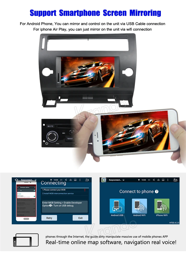 Krando Android 8.1 7" car radio navigation GPS player for Citroen C4 2005-2011 audio multimedia system 2G RAM KD-CT741