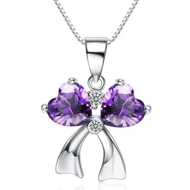 

Amethyst 925 Sterling Silver Necklace Pendant Bow Silver Necklace, Purple