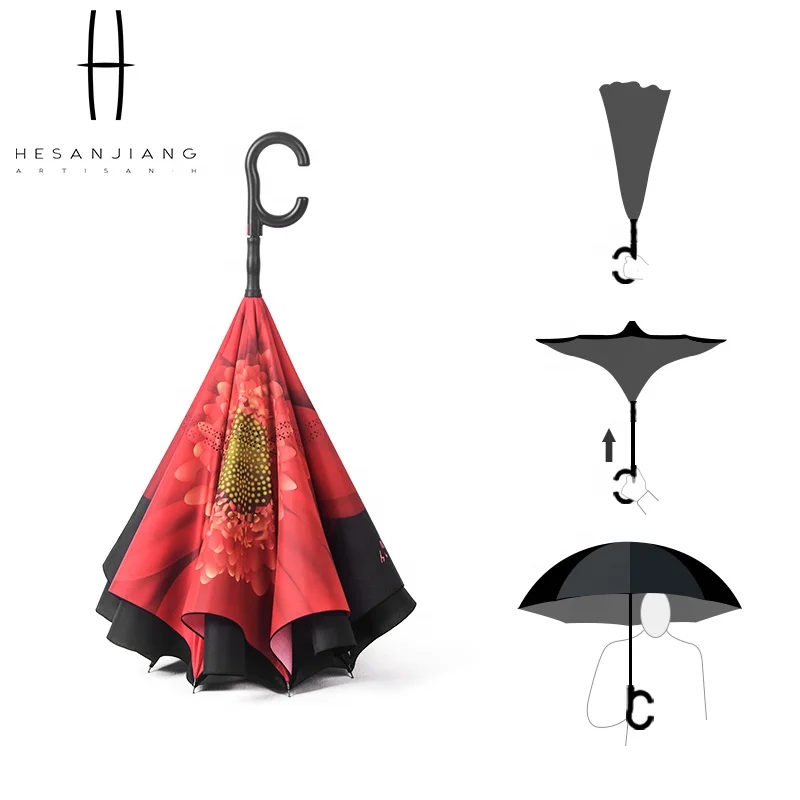 

Floral pattern double layer inverted umbrella large umbrellas inverted umbrella with C handle, As shown or customized