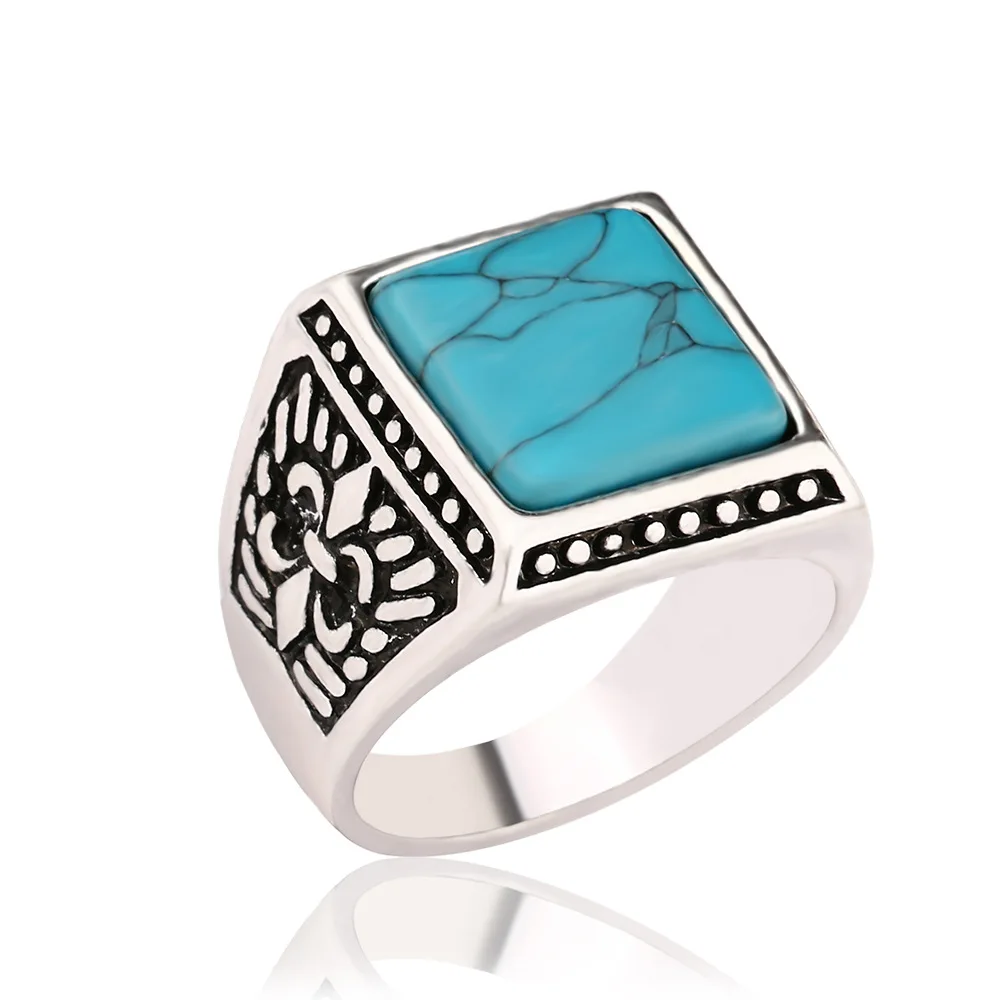 

Vintage Native American Handmade Sterling Silver Plated Blue Square Shape Turquoise Stone Ring