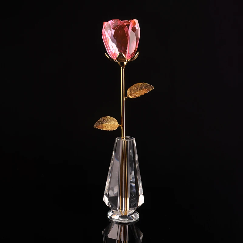 Newest Forever Pink Crystal Long Stem Rose Glass Flower Bud For
